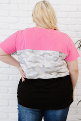 Rose Camouflage Insert Colorblock Splicing Plus Size Top