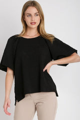 Umgee Full Size Boxy Cut Jacquard Round Neck Top with Side Slit Plus