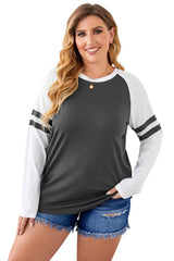 Gray Crewneck Striped Splicing Sleeve Patchwork Plus Size Top