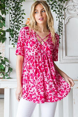Heimish Full Size Short Sleeve Crisscross Animal Babydoll Top Plus