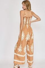 Umgee Full Size Smocked Printed Wide Leg Jumpsuit Plus Size