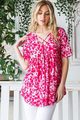 Heimish Full Size Short Sleeve Crisscross Animal Babydoll Top Plus