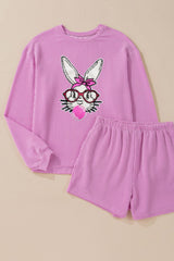 Women's 2pc. Bubble Gum Rabbit Sequin Romper Set