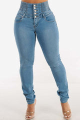 High Waist Buttoned Skinny Hip Lifting Jeans for Curves