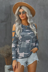 Camouflage Shoulder To Hollow Out Long Sleeve Top