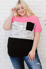 Rose Camouflage Insert Colorblock Splicing Plus Size Top