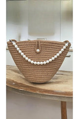 Women dark brown pearl design classic shoulder bag elegant daily handb