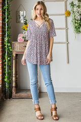 Heimish Full Size Short Sleeve Crisscross Animal Babydoll Top Plus