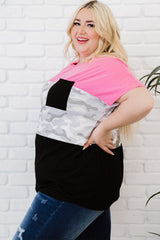 Rose Camouflage Insert Colorblock Splicing Plus Size Top