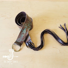 Turquoise & Brown Embossed Leather Belt w/ Fringe