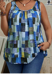 Plus Size Women's Summer Geometric Printed Round Neck Pleated Casual