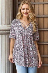 Heimish Full Size Short Sleeve Crisscross Animal Babydoll Top Plus
