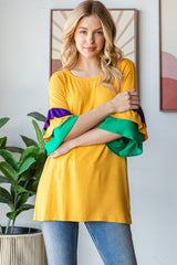 Heimish Full Size Round Neck Color Block Ruffled Half Sleeve Top Plus