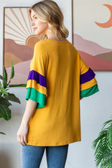 Heimish Full Size Round Neck Color Block Ruffled Half Sleeve Top Plus