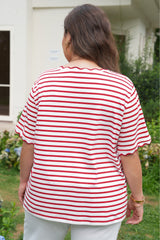 Plus Size Stripe Scalloped Trim Round Neck Top