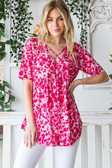 Heimish Full Size Short Sleeve Crisscross Animal Babydoll Top Plus