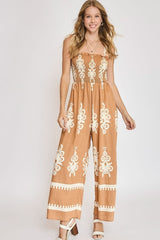 Umgee Full Size Smocked Printed Wide Leg Jumpsuit Plus Size