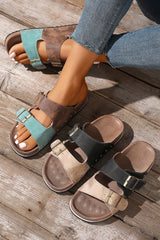 Light Blue Two-tone Retro Buckle Straps Hollowed Faux Suede Slippers