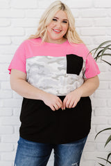Rose Camouflage Insert Colorblock Splicing Plus Size Top
