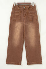 Denim High Waist Patch Pocket Straight Leg Jeans