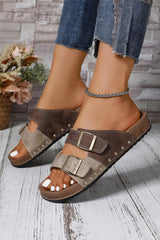 Light Blue Two-tone Retro Buckle Straps Hollowed Faux Suede Slippers