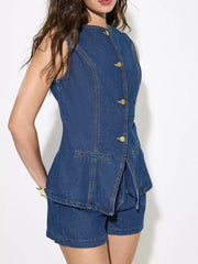 Button Up Sleeveless Denim Top and Shorts Set