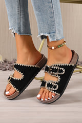 Beige Embroidered Trim Retro Buckle Faux Suede Slippers