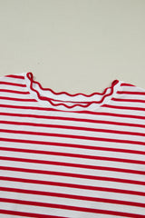 Plus Size Stripe Scalloped Trim Round Neck Top