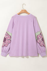 Plus Size Floral Patch Colorblock Long Sleeve Top