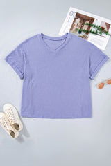 Plus Size Solid Waffle Knit V-Neck Short Sleeve Top