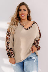 Khaki Plus Size Leopard Splicing Waffle Knit Top