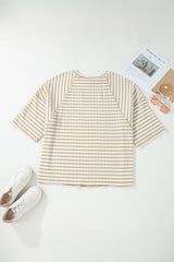 Plus Size Stripe Textured Patchwork 3/4 Sleeve Top