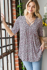 Heimish Full Size Short Sleeve Crisscross Animal Babydoll Top Plus