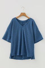 Plus Size Solid Pointelle Knit Rhombus V-Neck Top
