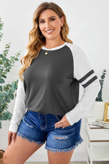 Gray Crewneck Striped Splicing Sleeve Patchwork Plus Size Top