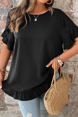 Plus Size Solid Ruffle Trim Petal Sleeve Tee
