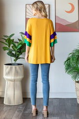 Heimish Full Size Round Neck Color Block Ruffled Half Sleeve Top Plus