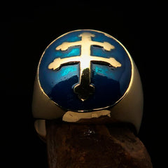 Excellent crafted oval domed Men's blue Cross Lorraine Ring - solid