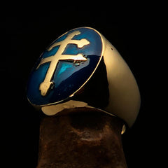 Excellent crafted oval domed Men's blue Cross Lorraine Ring - solid