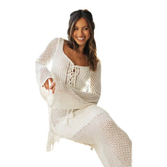 Women's 2pc Solid Color Knitted Hollow-out Skirt Set + Blouse
