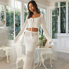 Women's 2pc Solid Color Knitted Hollow-out Skirt Set + Blouse