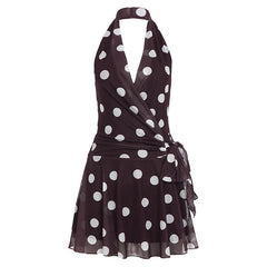 Retro Polka Dot Deep V Plunge neck Mesh Camisole Dress Vacation Lace