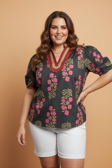 Plus Size Floral Ricrac Trim Short Sleeve Blouse