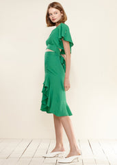 Women's Asymmetrical Hem Button Front Skirt in Kelly Green