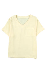 Beige Textured Pocket Split V Neck Plus Size Top