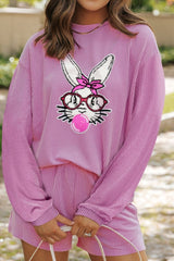 Women's 2pc. Bubble Gum Rabbit Sequin Romper Set