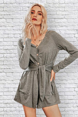 Button Down V Neck Solid Romper