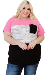Rose Camouflage Insert Colorblock Splicing Plus Size Top