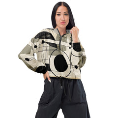 Womens Cropped Windbreaker Jacket - Abstract Black Beige Brown