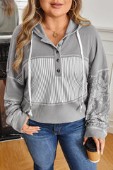 Plus Size Stripe Patchwork Waffle Half-Button Hooded Top